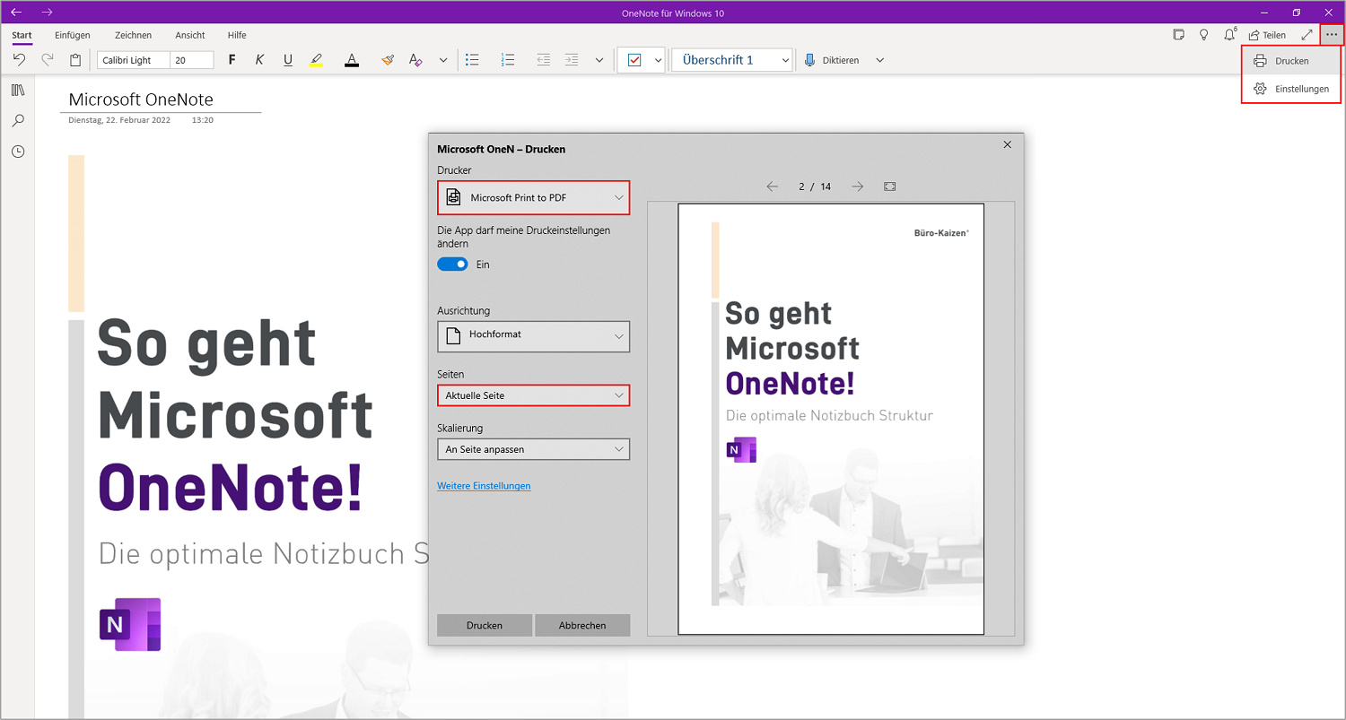 Wenn Sie Notizen aus „OneNote für Windows 10“ als PDF-Datei exportieren wollen, dann machen Sie das am einfachsten mittels der Druck-Funktion und einem virtuellen Drucker, wie z.B. der in Windows 10 und 11 ab Werk integrierten Funktion "Microsoft Print to PDF".