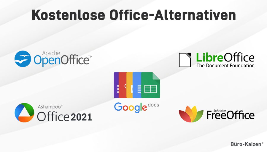 Zusätzlich zu den Möglichkeiten der kostenfreien Nutzung der Microsoft Office Tool, gibt es noch weitere kostenlose Alternativen: OpenOffice, LibreOffice, SoftMaker FreeOffice, Ashampoo Office Free und Google Docs.