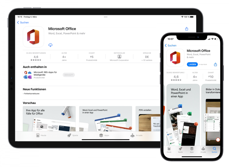 Die kostenlose Office Mobile-App vereint erstmals Excel, PowerPoint und Word in einer einzigen Anwendung. Bild: Microsoft, Büro-Kaizen.