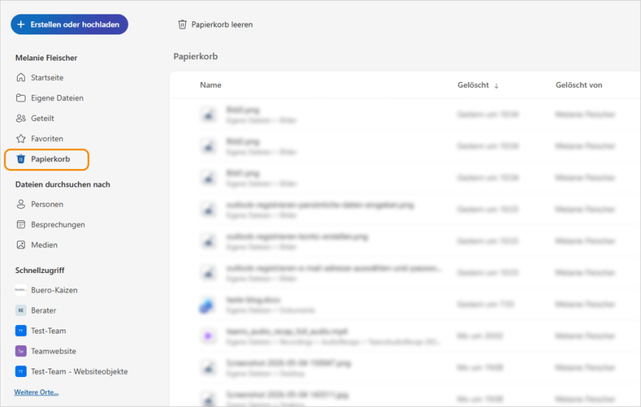 OneDrive gelöschte Dateien Papierkorb