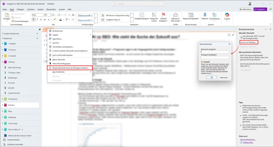 OneNote archivieren Abschnitt mit Kennwort schützen
