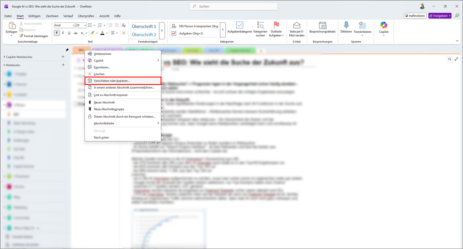 OneNote archivieren Abschnitt verschieben