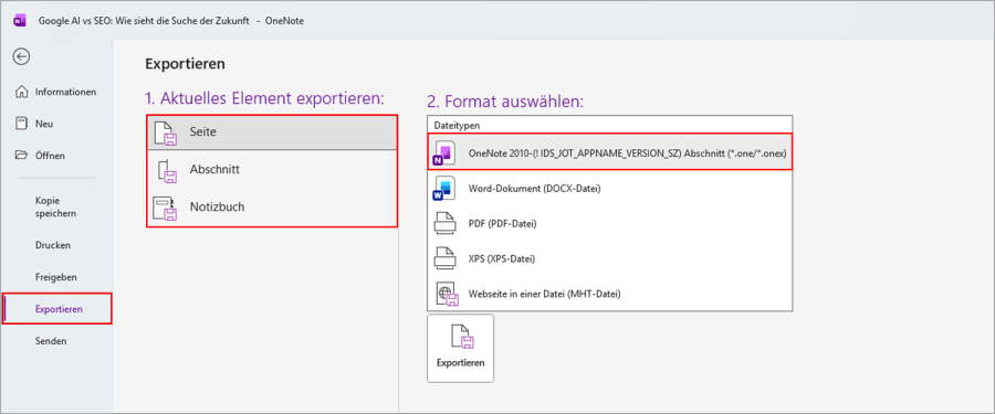 OneNote archivieren Exportieren-Funktion