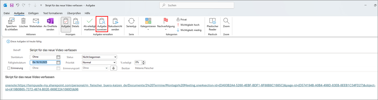 OneNote Besprechungsprotokoll Aufgabe zuweisen