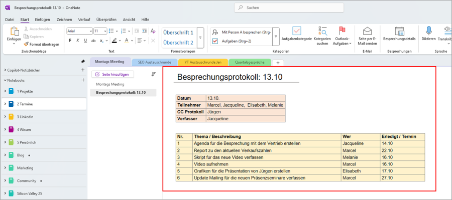OneNote Besprechungsprotokoll Vorlage