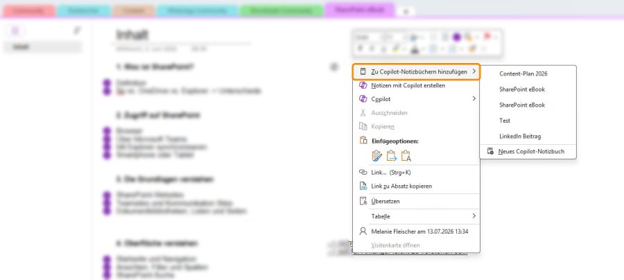 OneNote Kontextmenü Zu Copilot Notebooks hinzufügen