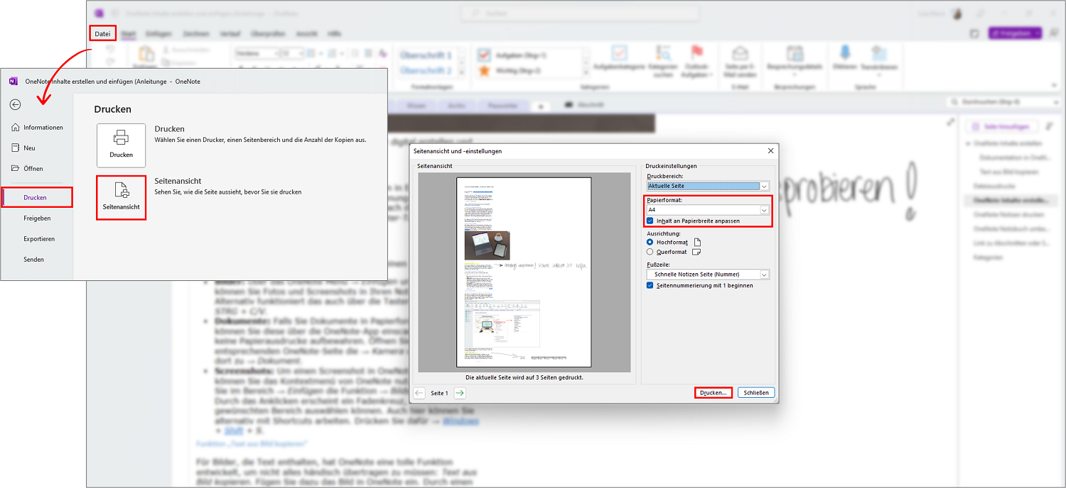 Probleme beim Drucken in OneNote (Desktop App)