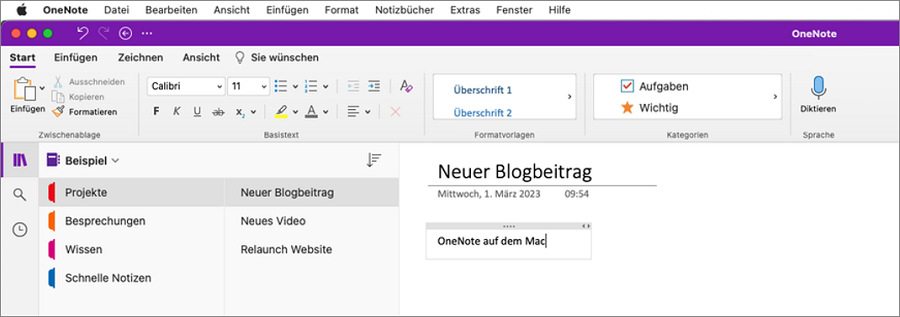 Benutzeroberfläche in OneNote auf dem Mac