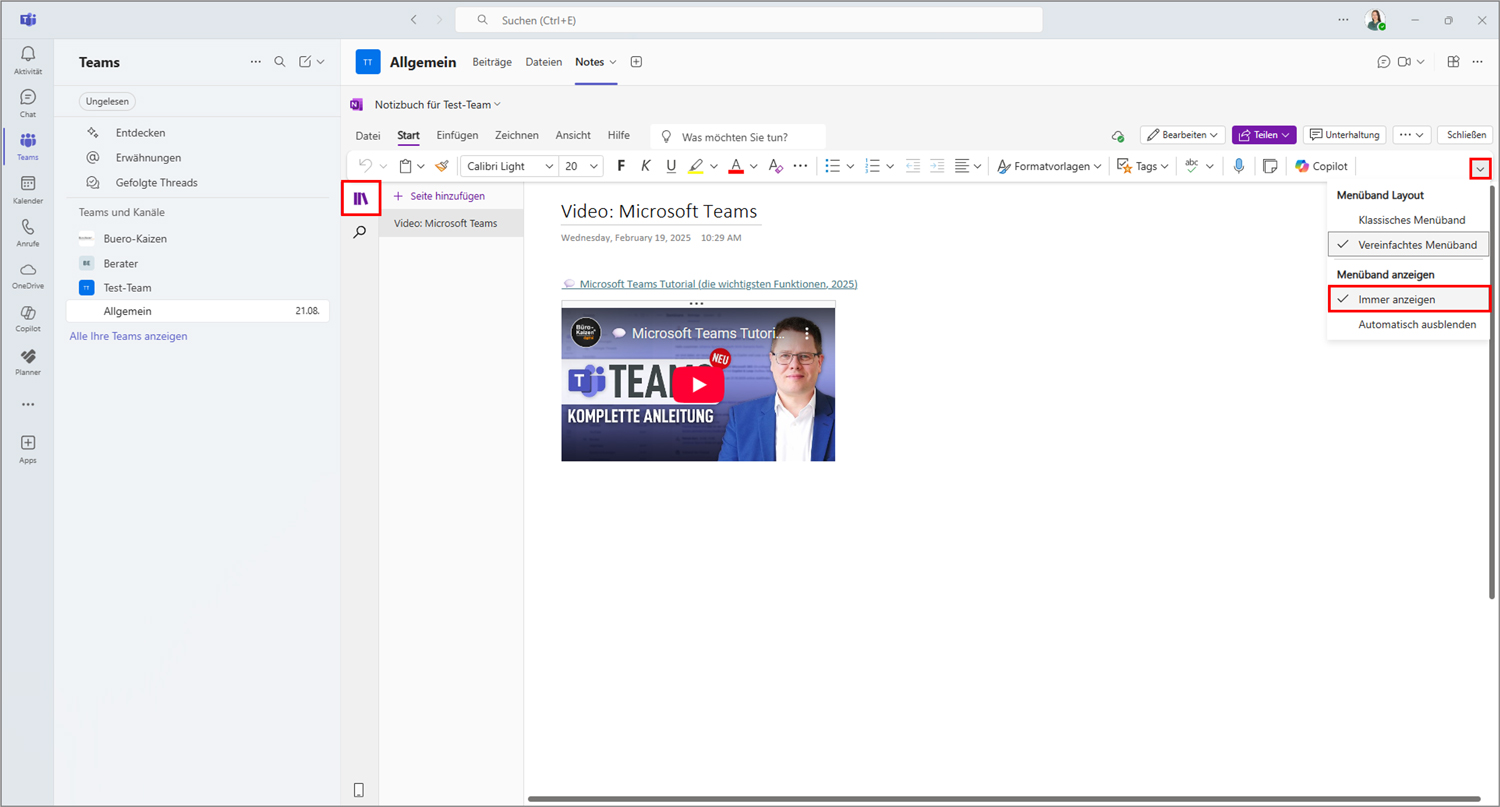 OneNote in Teams einbinden Menüband