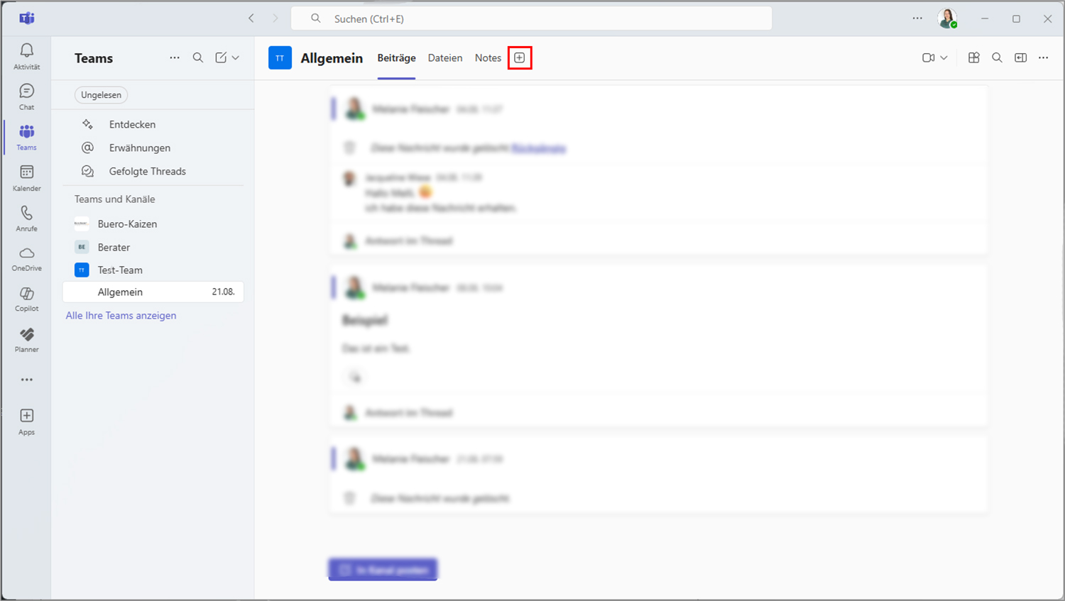 OneNote in Teams einbinden Schritt 1