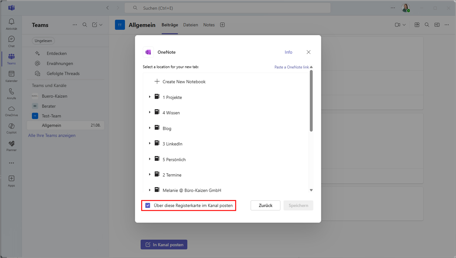 OneNote in Teams einbinden Schritt 3