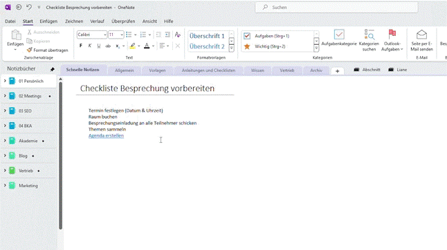 OneNote Kategorien