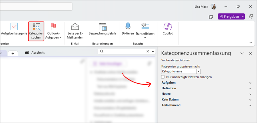 OneNote Kategoriensuche