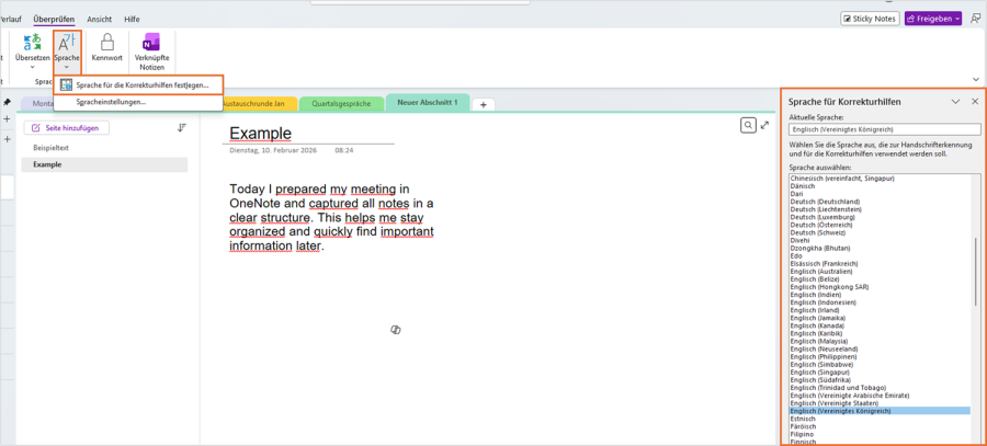 OneNote Rechtschreibprüfung individuell
