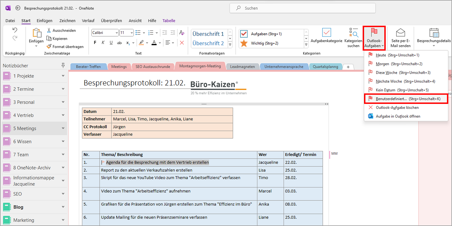In Ihrem OneNote Besprechungsprotokoll können Sie auch Outlook-Aufgaben mit Fälligkeitsdatum erstellen.