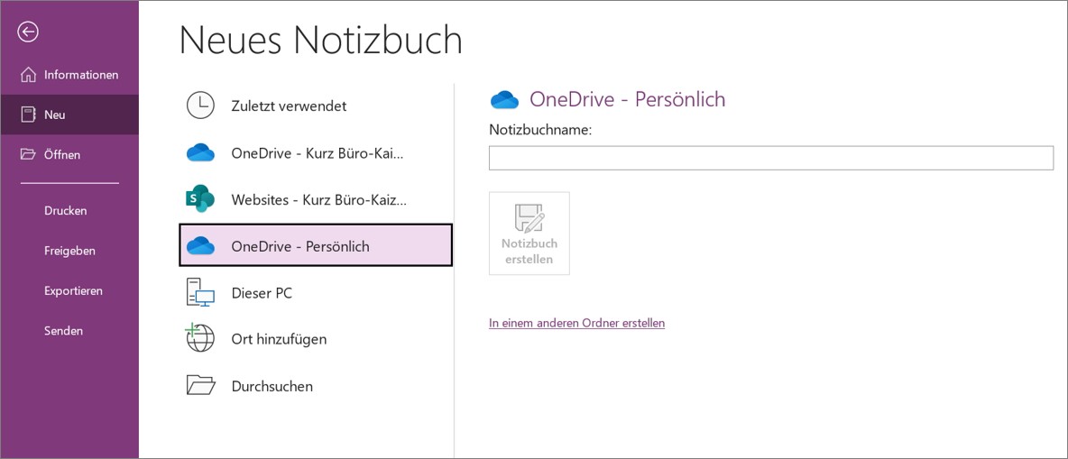 Über → Datei und → Neu kann in Microsoft OneNote ein neues Notizbuch angelegt werden.