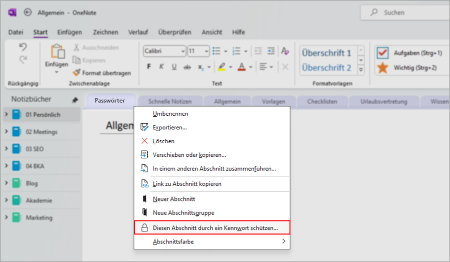 OneNote Notizbücher passwortgeschützt freigeben/teilen