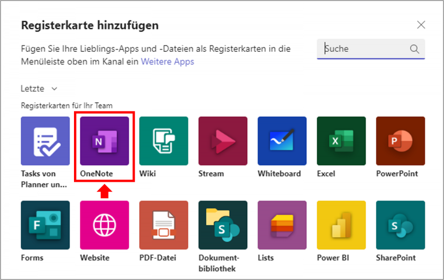 OneNote-Notizbücher in Teams integrieren: Wählen Sie als neue Teams-Registerkarte "OneNote" aus.