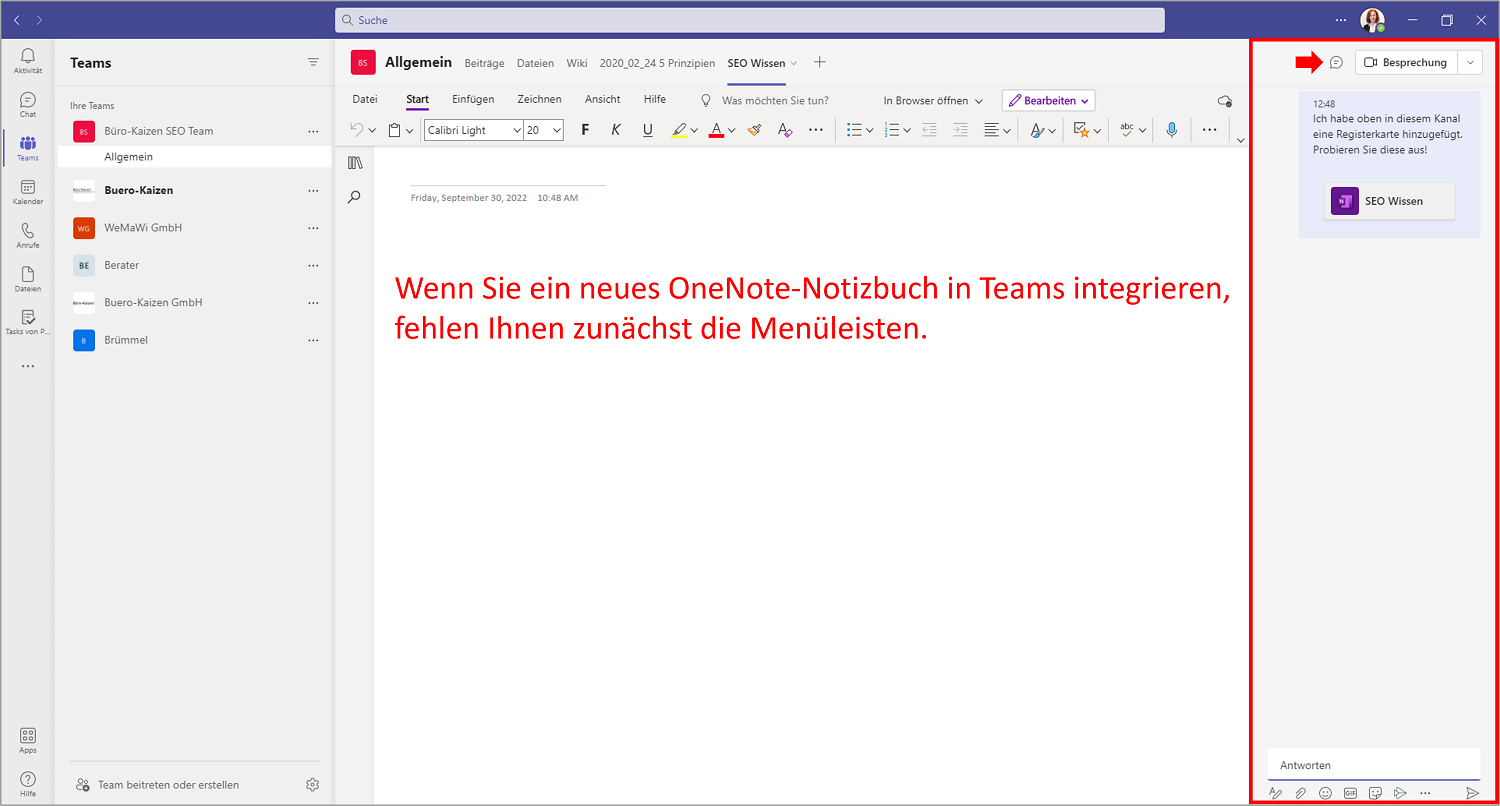 OneNote-Notizbücher in Teams integrieren: Wenn Sie ein neues Notizbuch von OneNote mit Teams verknüpfen, fehlen zunächst die Menüleisten.