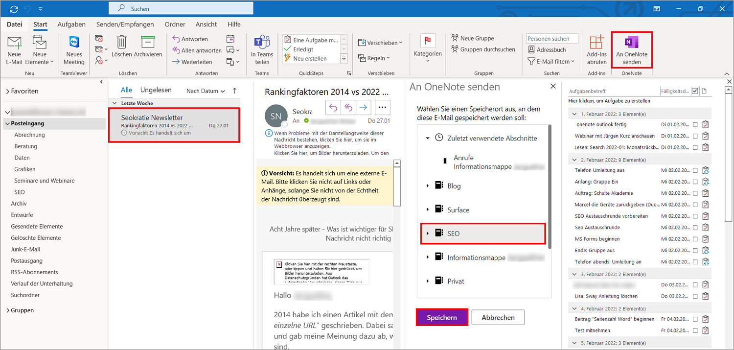 Sie können eine E-Mail aus Outlook in OneNote archivieren, indem Sie auf den Button "An OneNote senden" klicken.