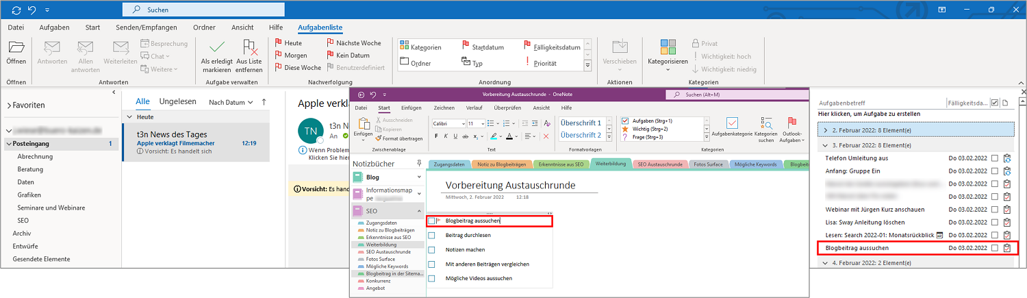Wenn Sie Aufgaben in OneNote haben, können Sie diese mit Outlook verknüpfen über "Outlook-Aufgaben".