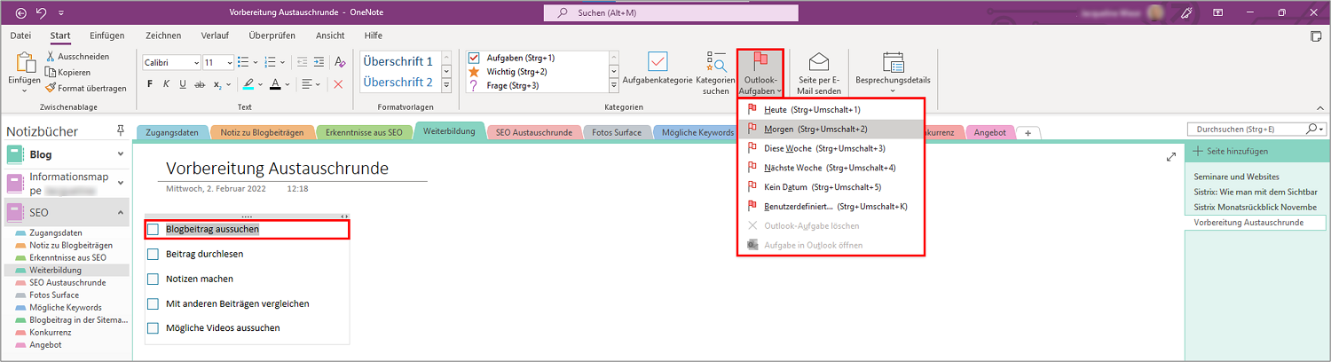 Sie können Aufgaben aus OneNote mit Outlook verknüpfen.