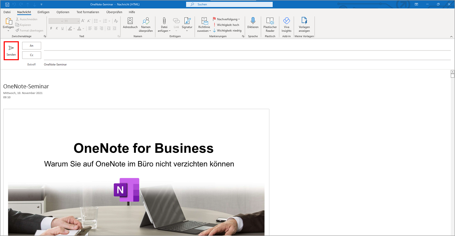 Sie können eine OneNote-Seite über Outlook versenden und vorher überarbeiten.