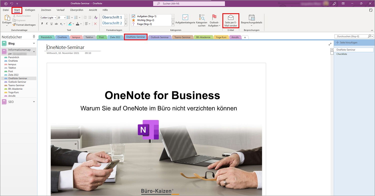 Sie können eine OneNote-Seite auch als E-Mail über Outlook senden.