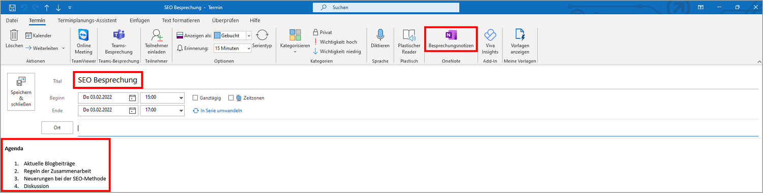 Über "Besprechungsnotizen" in den Outlook-Besprechungen können Sie Outlook und OneNote verbinden.