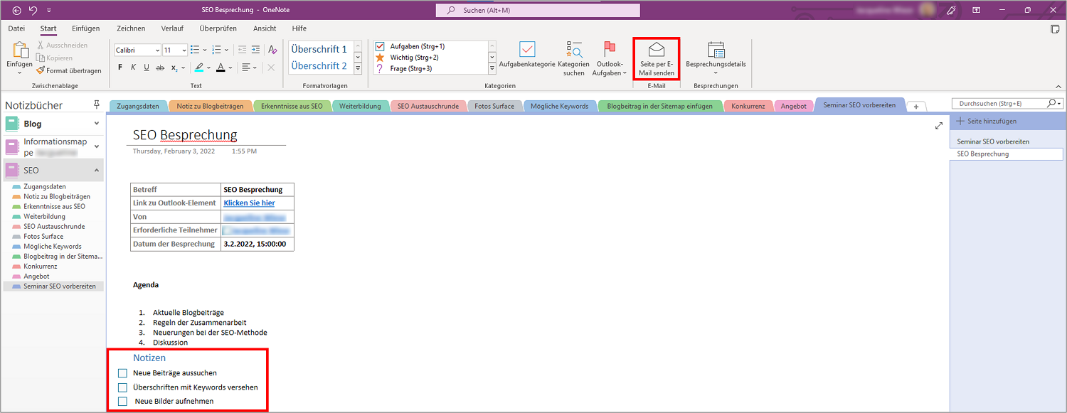Sie können in OneNote Ihre Dokumentation zu Ihren Outlook-Besprechungen festhalten.