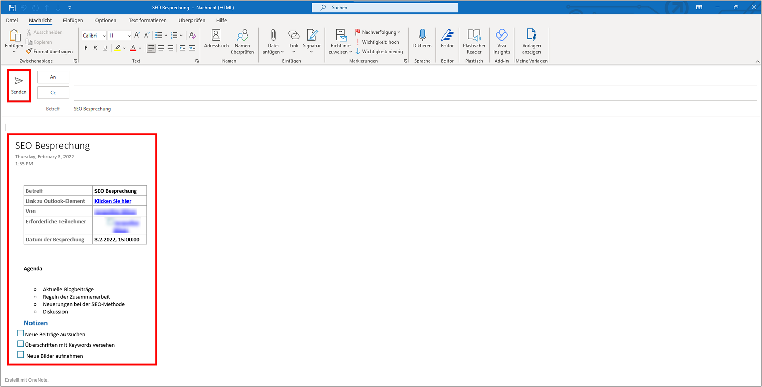 Sie können die Dokumentation zu Ihrer Besprechung von OneNote über Outlook senden.