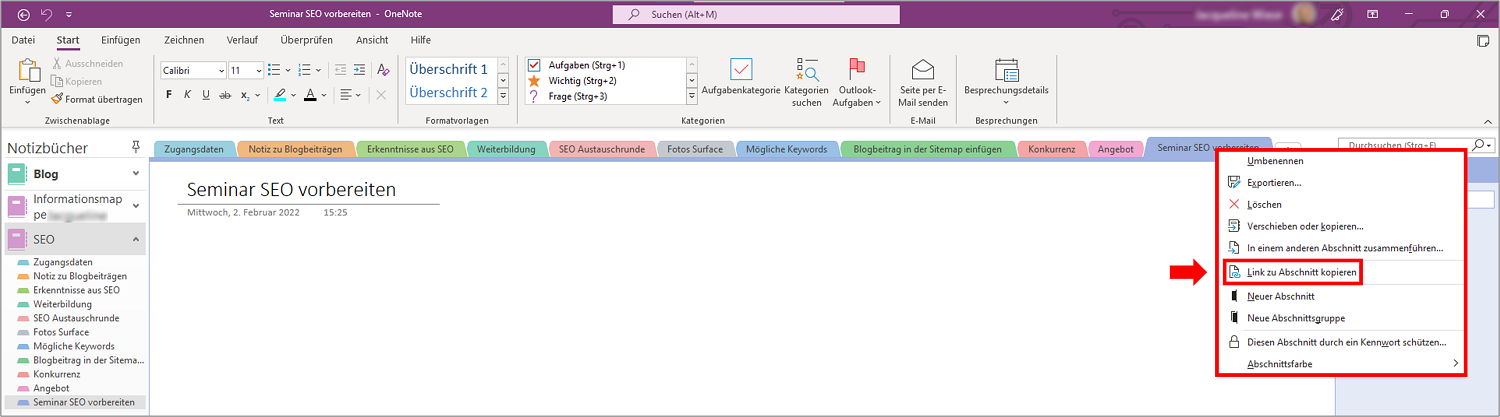 Kopieren Sie den Link zum OneNote-Abschnitt, um ihn der Outlook-Aufgabe einzufügen.
