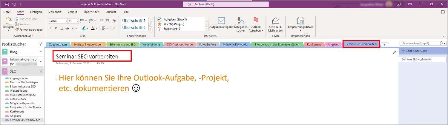In OneNote erstellen Sie den Abschnitt, in dem Sie Ihre Outlook-Aufgaben und -Projekte dokumentieren.