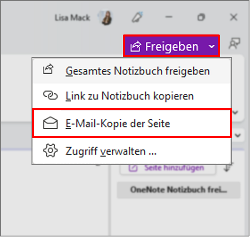 OneNote Seite per E-Mail freigeben/teilen