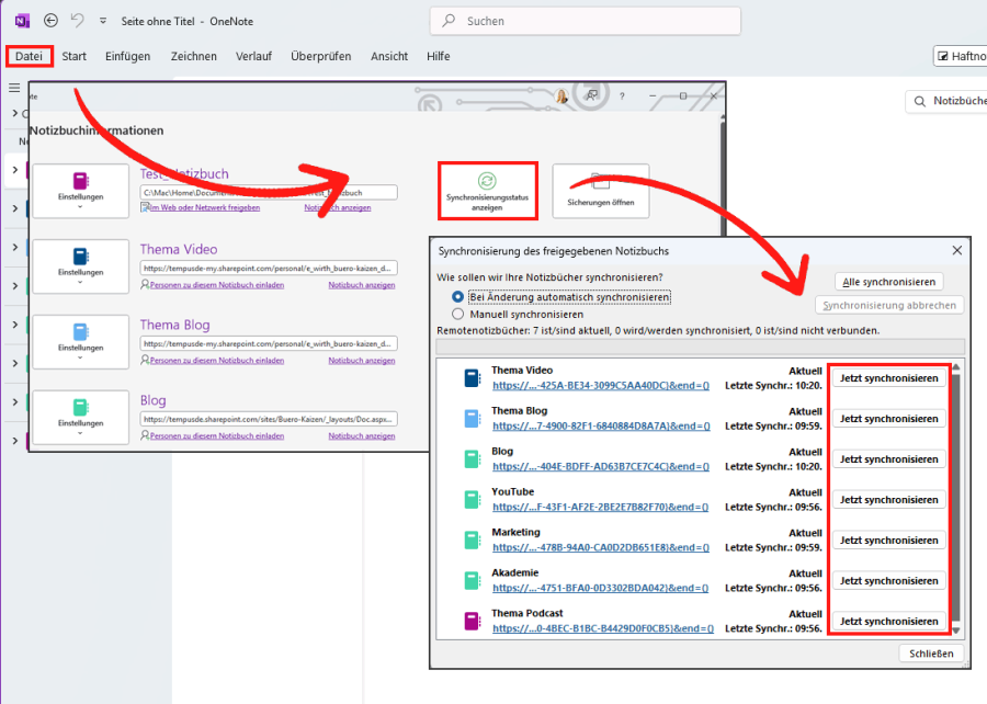OneNote synchroniseren: Synchronisierungsstatus