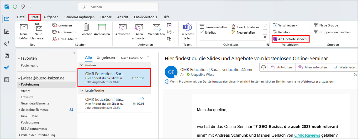 Arbeiten mit OneNote und Outlook: Outlook E-Mails an OneNote senden mittels Plugin „An OneNote senden”.