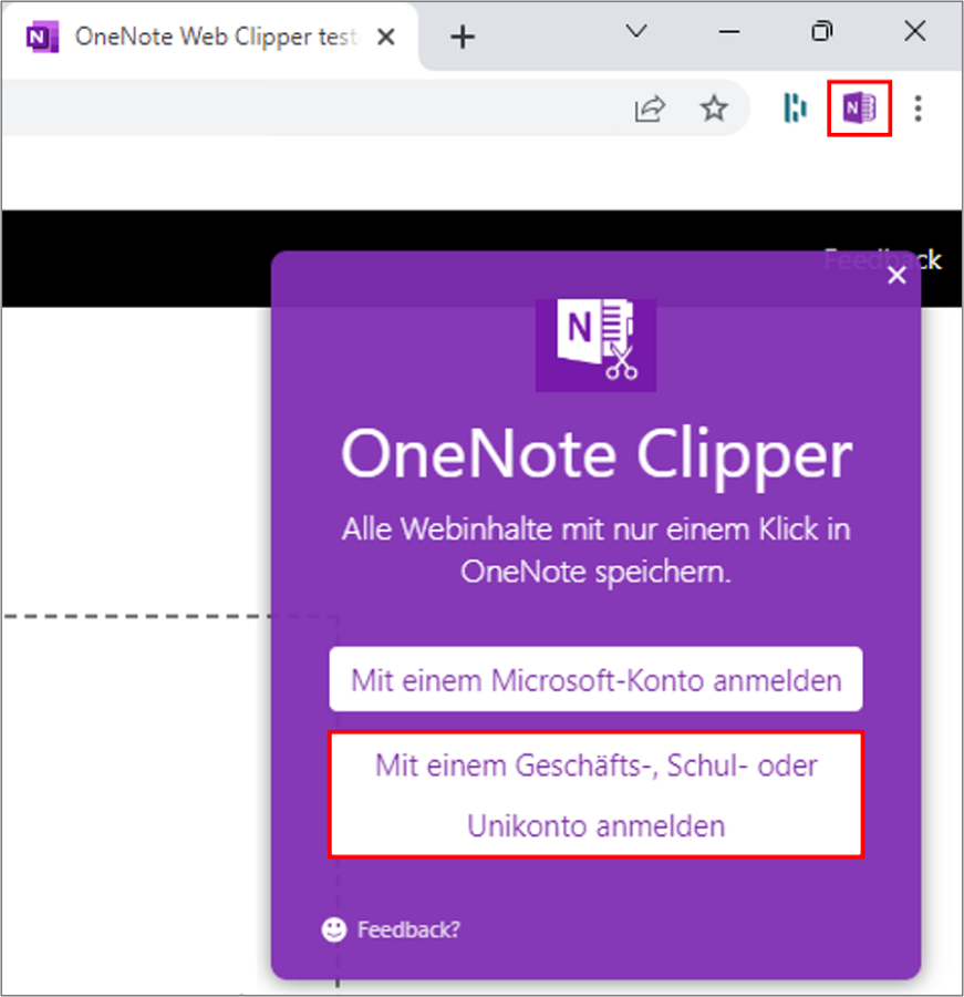 Anmeldung beim OneNote Webclipper