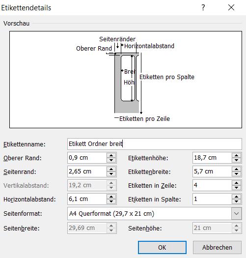 Ordnerrücken Vorlage Etikettendetails