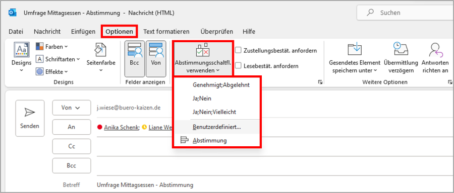 Mit den Outlook Abstimmungsschaltflächen können Sie ganz einfach eine Umfrage erstellen.