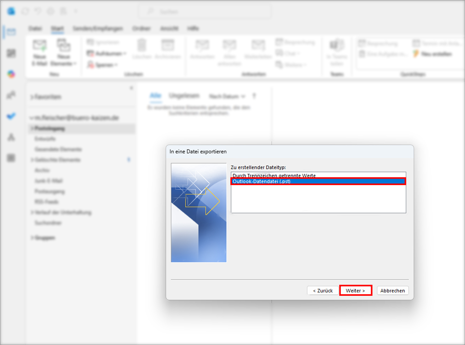 Outlook Adressbuch exportieren pst Datei Schritt 1