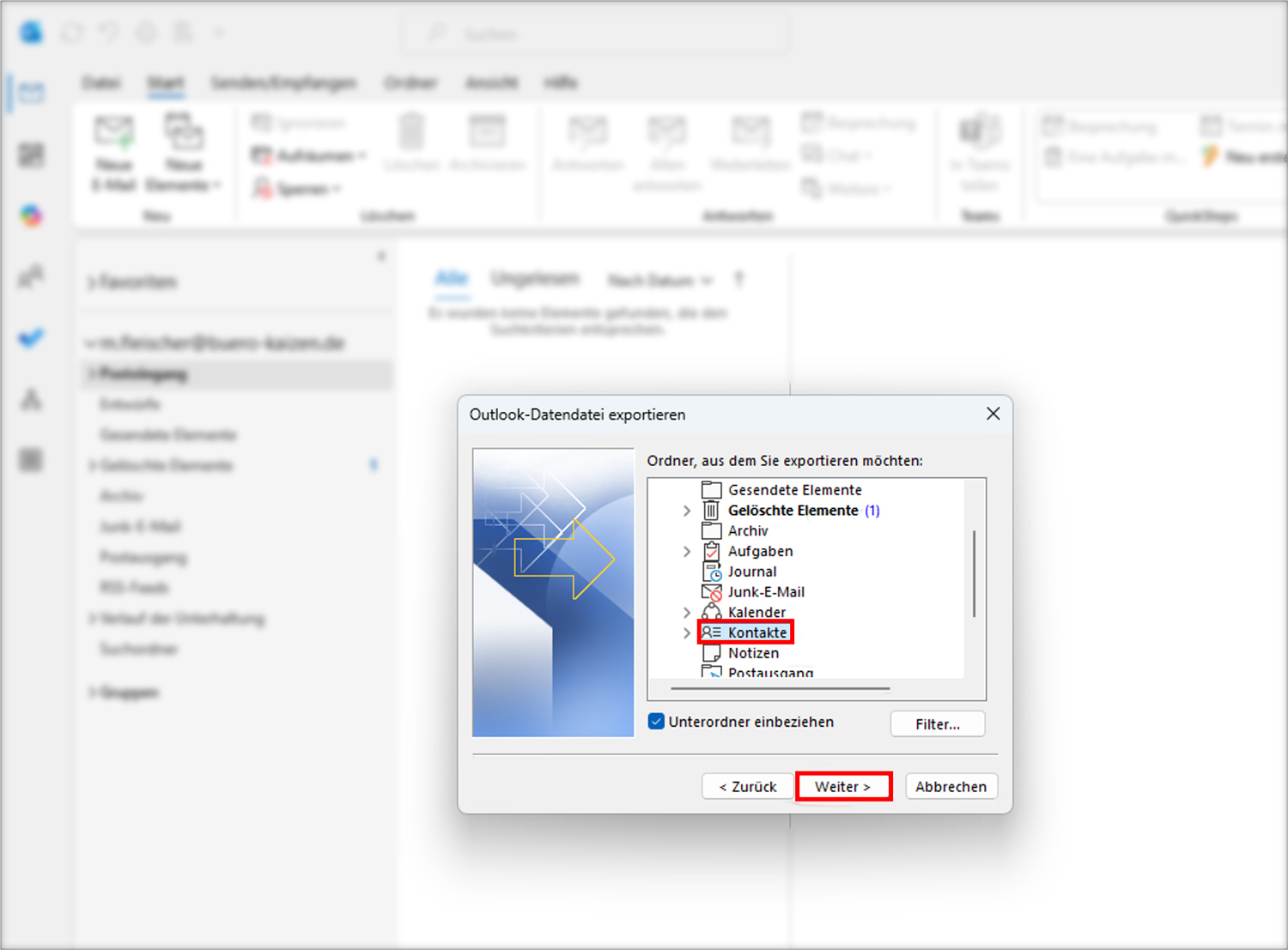 Outlook Adressbuch exportieren pst-Datei Schritt 2