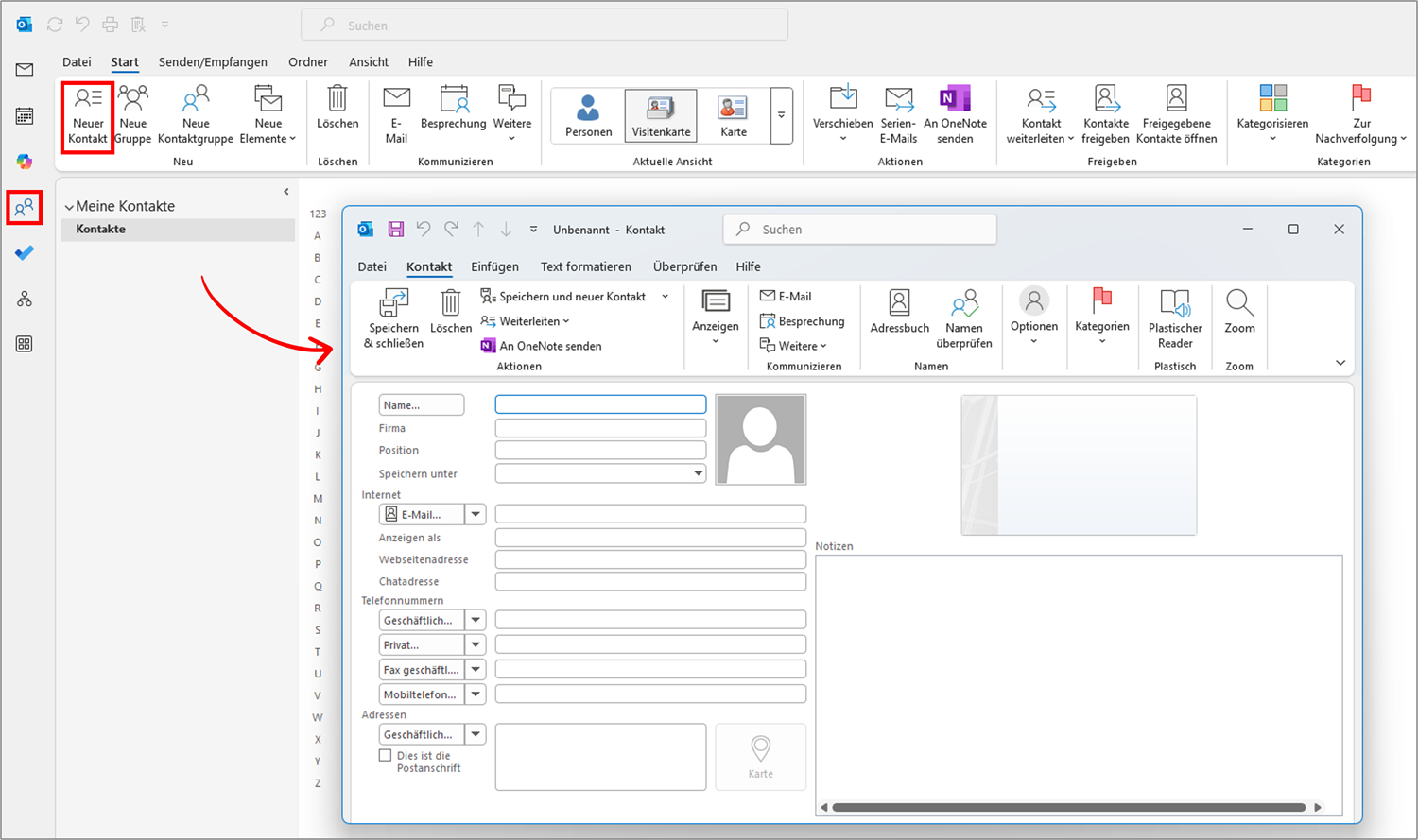 Outlook Adressbuch Kontakt hinzufügen