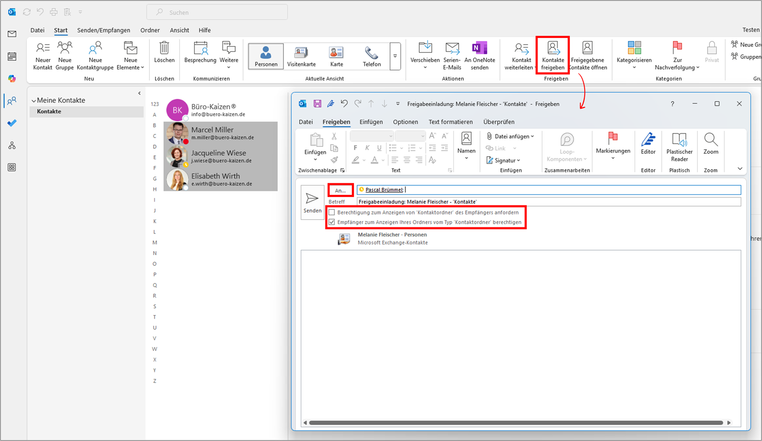 Outlook Adressbuch Kontakt weiterleiten