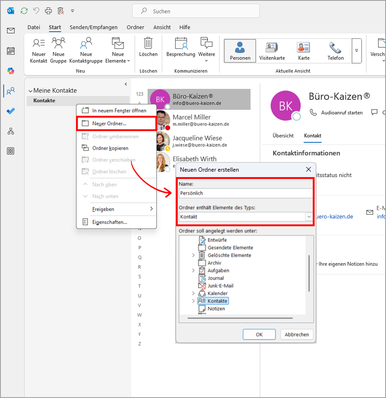Outlook Adressbuch in Ordner organisieren
