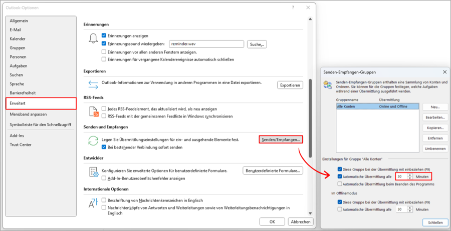 Outlook aktualisieren Intervall einstellen