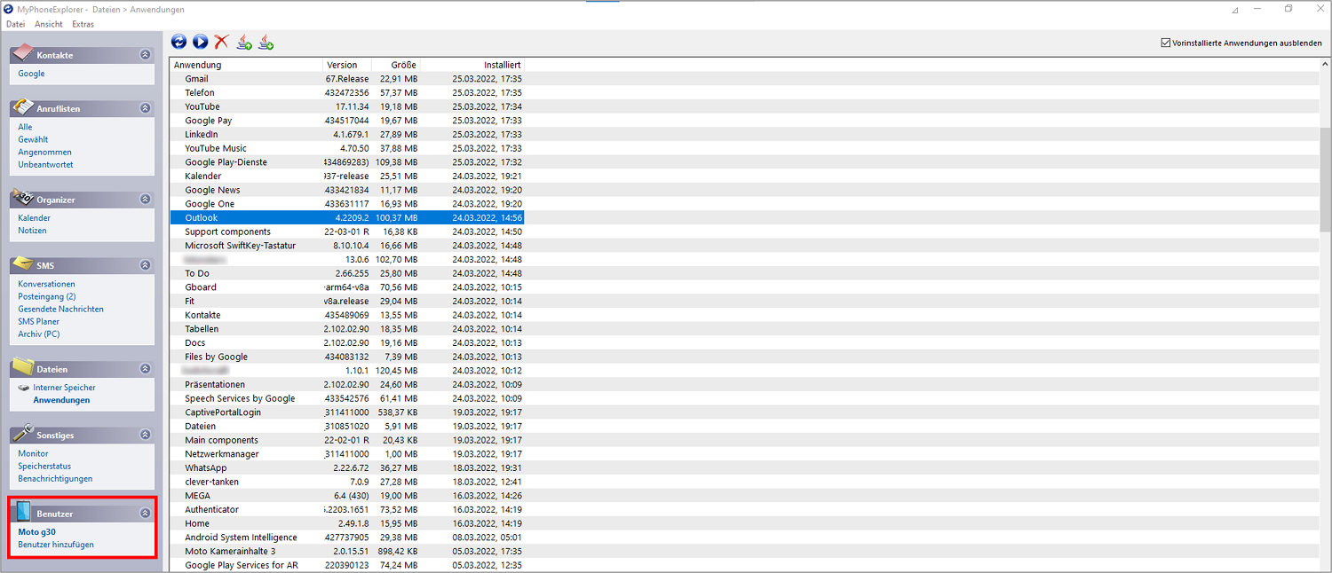 Outlook Android synchronisieren: Synchronisation mittels Freeware "MyPhoneExplorer".