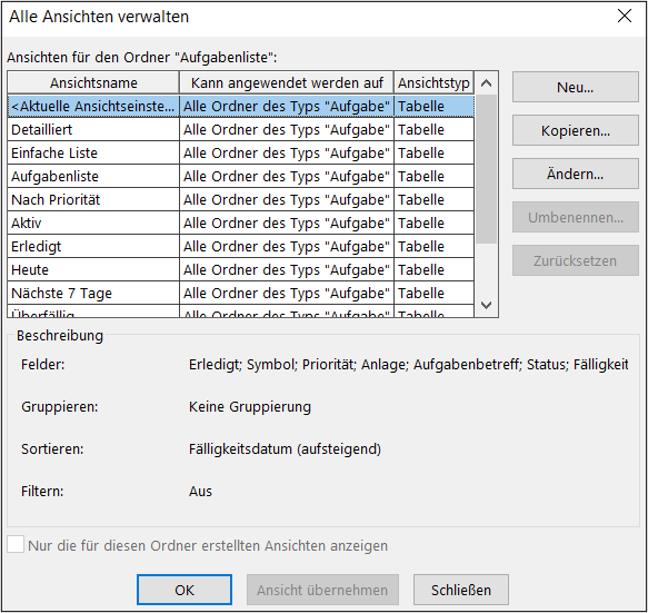 Outlook Ansicht ändern: Die voreingestellten Optionen können Sie über „Ansichten verwalten…“ weiter an Ihre Bedürfnisse anpassen.