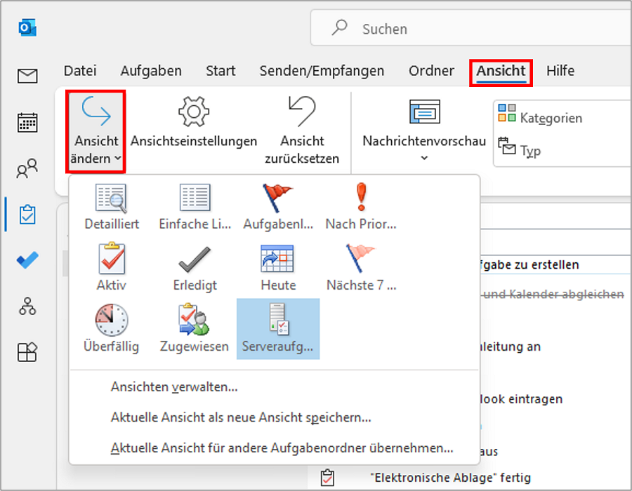 Mit der Funktion "Ansicht ändern" können Sie Ihre Outlook Ansicht ändern. 