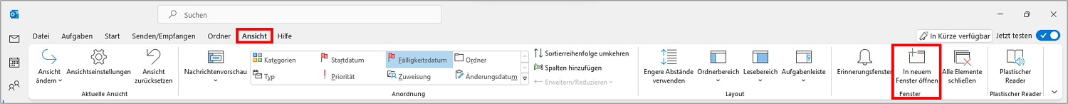 Outlook Ansicht ändern: Dieser Button öffnet die Aufgaben in einem neuen Fenster. Sie können die anderen Outlook-Bereiche gleichzeitig weiter benutzen.