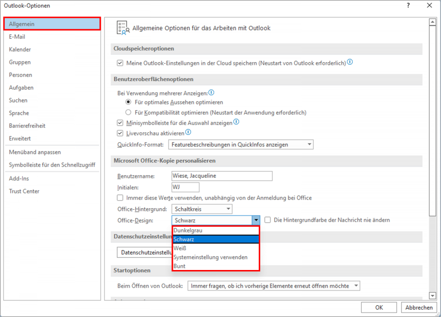 Outlook Ansicht ändern: Sie können in Ihrer Outlook Ansicht den dunklen Modus aktivieren.